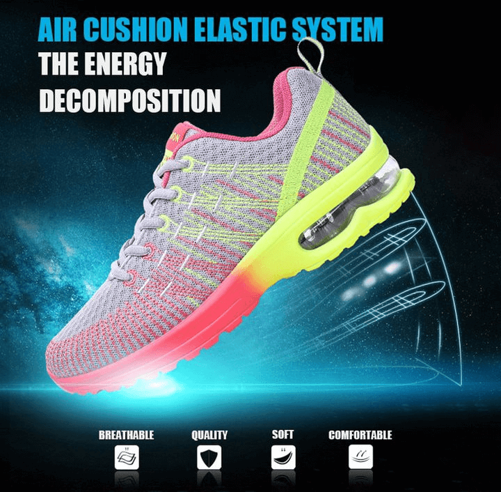 Stylish Bright Mesh Women's Sneakers with Air Cushion and Breathable Mesh Design on Vibrant Background